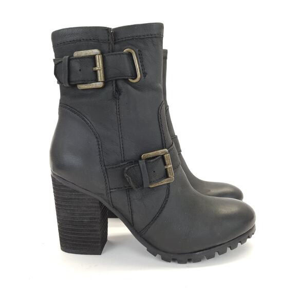 Steve Madden Ankle Booties 7.5 Black Leather Zip Block Heels Lug Goth Grunge - Picture 1 of 6